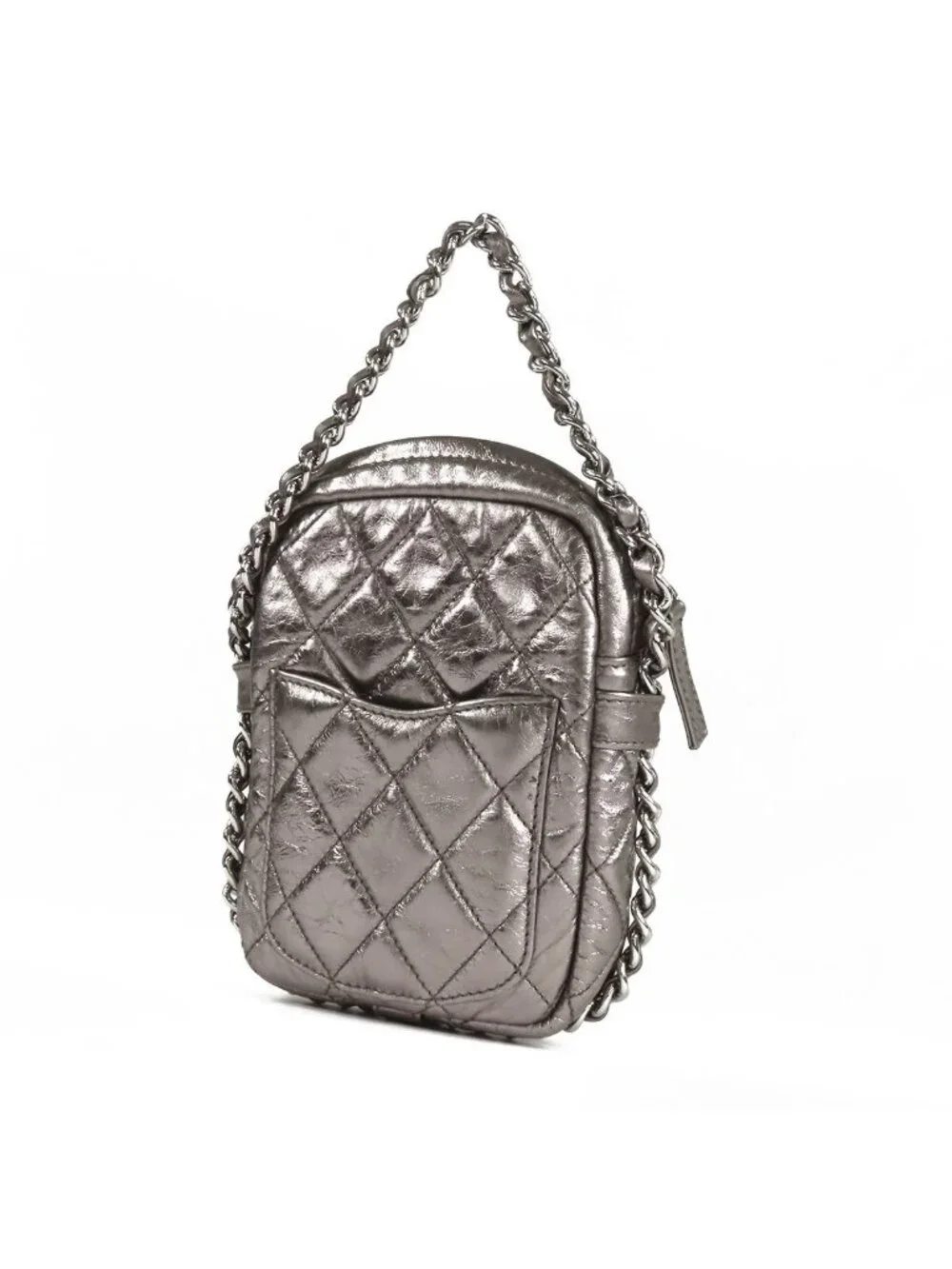 Chanel Quilted Chain Bag Metallic Silver Leather CC Logo Handbag